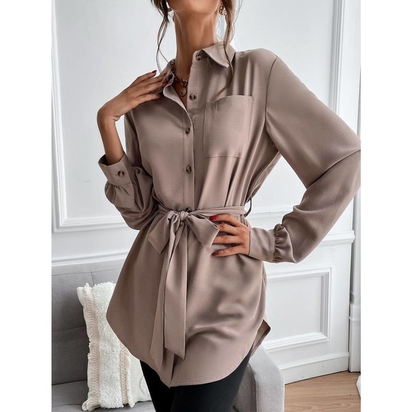 long sleeve Button down Belted tunic length Shirt tan - Picture 1 of 11